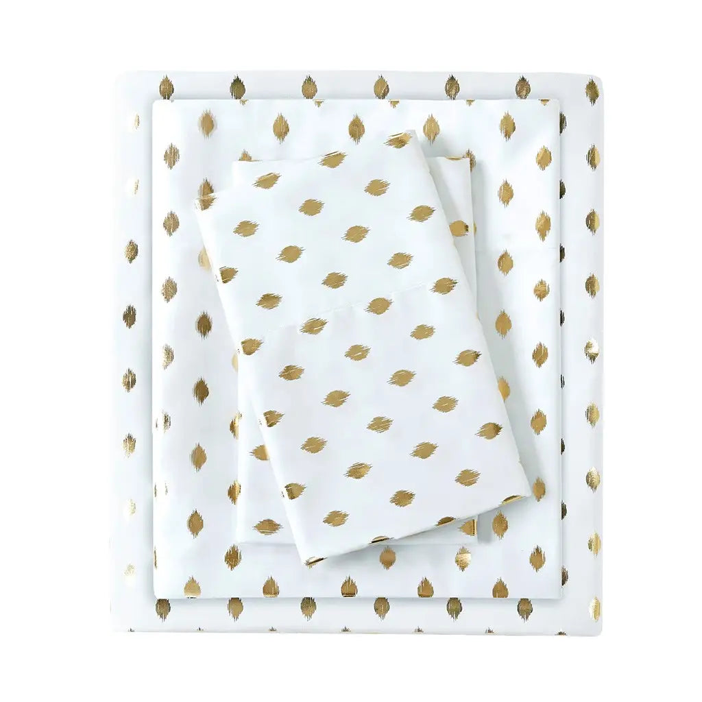 Metallic Dot 4-Piece Sheet Set, White/Gold-Olliix-Twin-Urbanheer