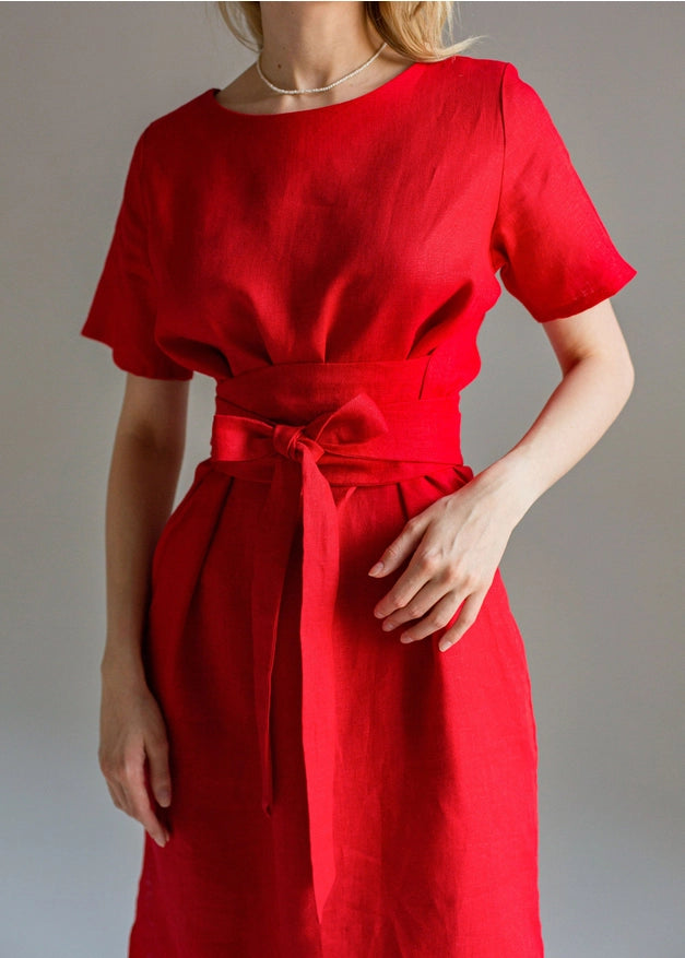 Wrap Linen Tie Belt Red Dress For Women Long With Pockets-Dress-Nich Linen-XXS-Urbanheer