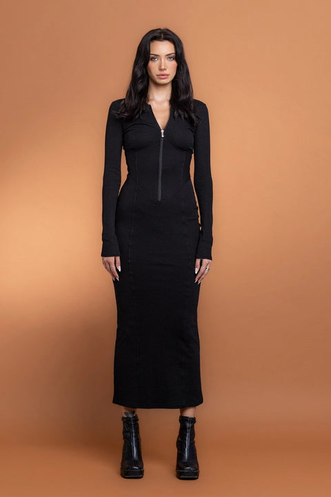 Ribbed Zip Up Maxi Dress w/ Hoodie-Hoodie-No Vacancy-S-Black-Urbanheer