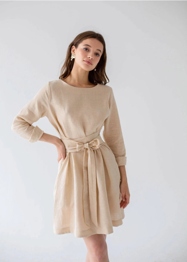 Wrap Linen Belted Beige Bridesmaid Dress For Women Mini-Dress-Nich Linen-XXS-Urbanheer