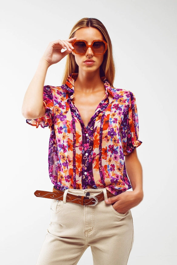 Button Down Shirt with Floral Print and Puff Short Sleeves-Top / Shirt / Blouse-Q2-S-Urbanheer