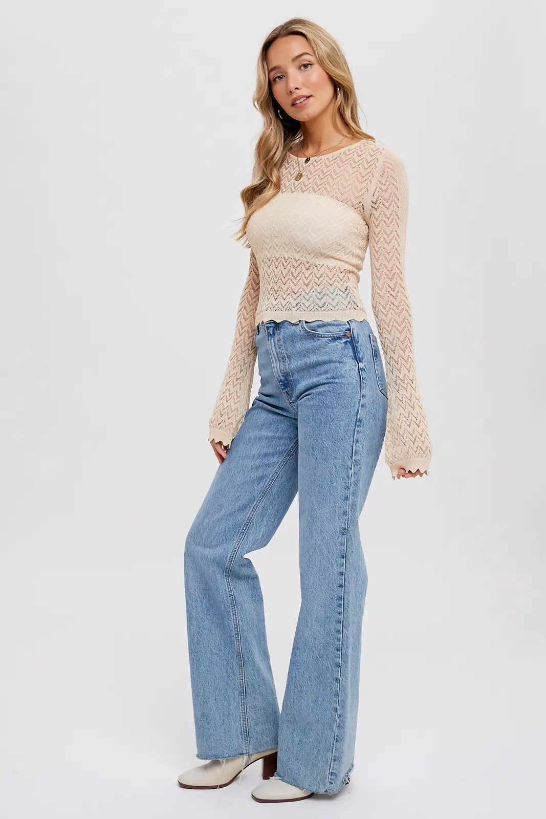 Bell Sleeves Pointelle Pullover-Bluivy-S-Urbanheer