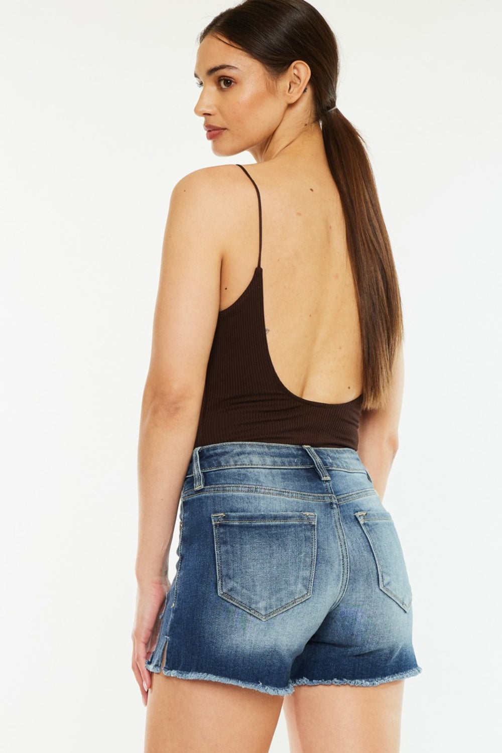 Kancan High Waist Raw Hem Denim Shorts-Street 360-Dark-S-Urbanheer