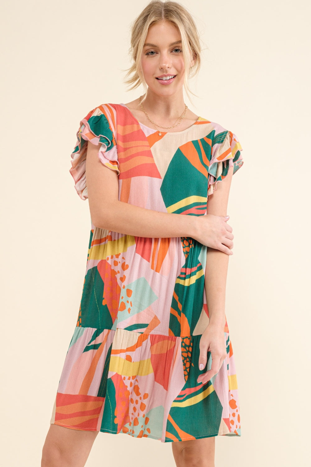 And The Why Printed Double Ruffle Sleeve Dress-Street 360-GREENERY-S-Urbanheer