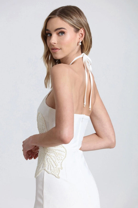 Flower Embellished Cut-Out Halter Dress White/White Flower-Dress-Avec Les Filles-4-Urbanheer