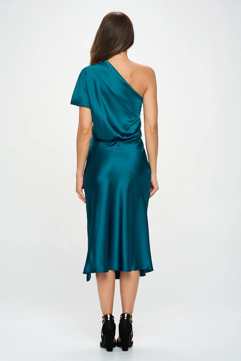 Made In Usa Stretch Satin One Shoulder Dress-Renee C.-S-Urbanheer