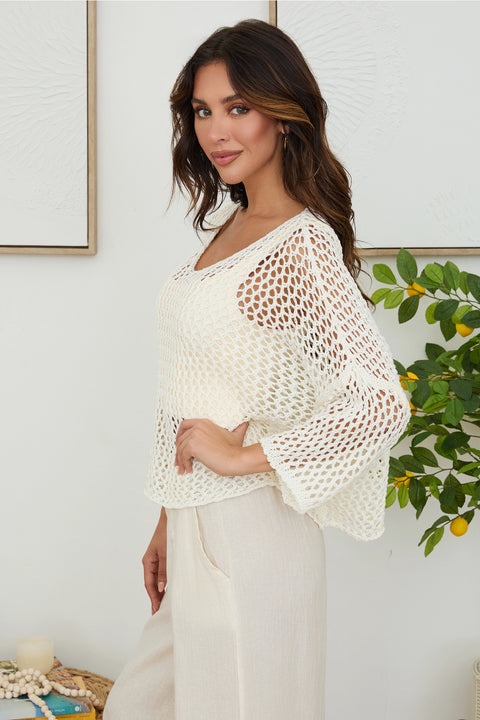 Drop Shoulder Crochet V-Neck Tunic - Cream