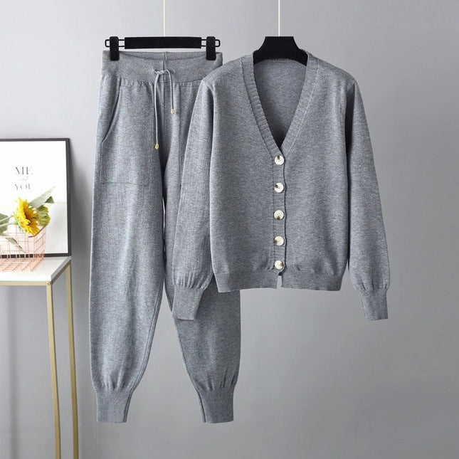 Autumn Winter V Neck Cardigan Sweater Harem Pants Suit Two Piece Sweater-Suits-Blak Wardrob-One Size-Gray-Urbanheer