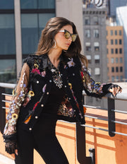 Black Denim Lace Jacket with Floral Embroidery-Jacket-Adore-S-Black-Urbanheer