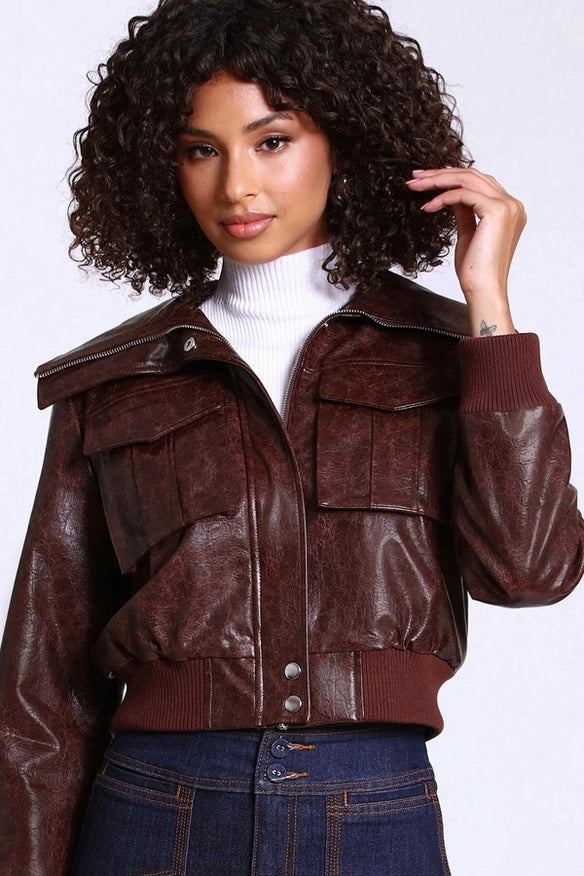 Faux-Ever Leather™ Cropped Aviator Jacket-Jacket-Avec Les Filles-Tobacco-L-Urbanheer