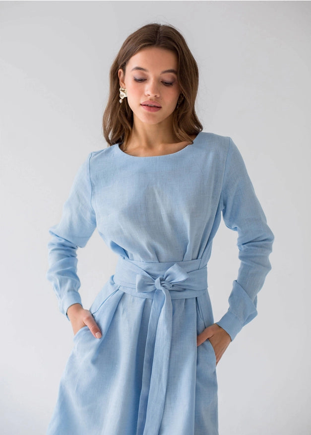 Sky Blue Wrap Tencel Belted Bridesmaid Dress For Women Long-Dress-Nich Linen-XXS-Urbanheer