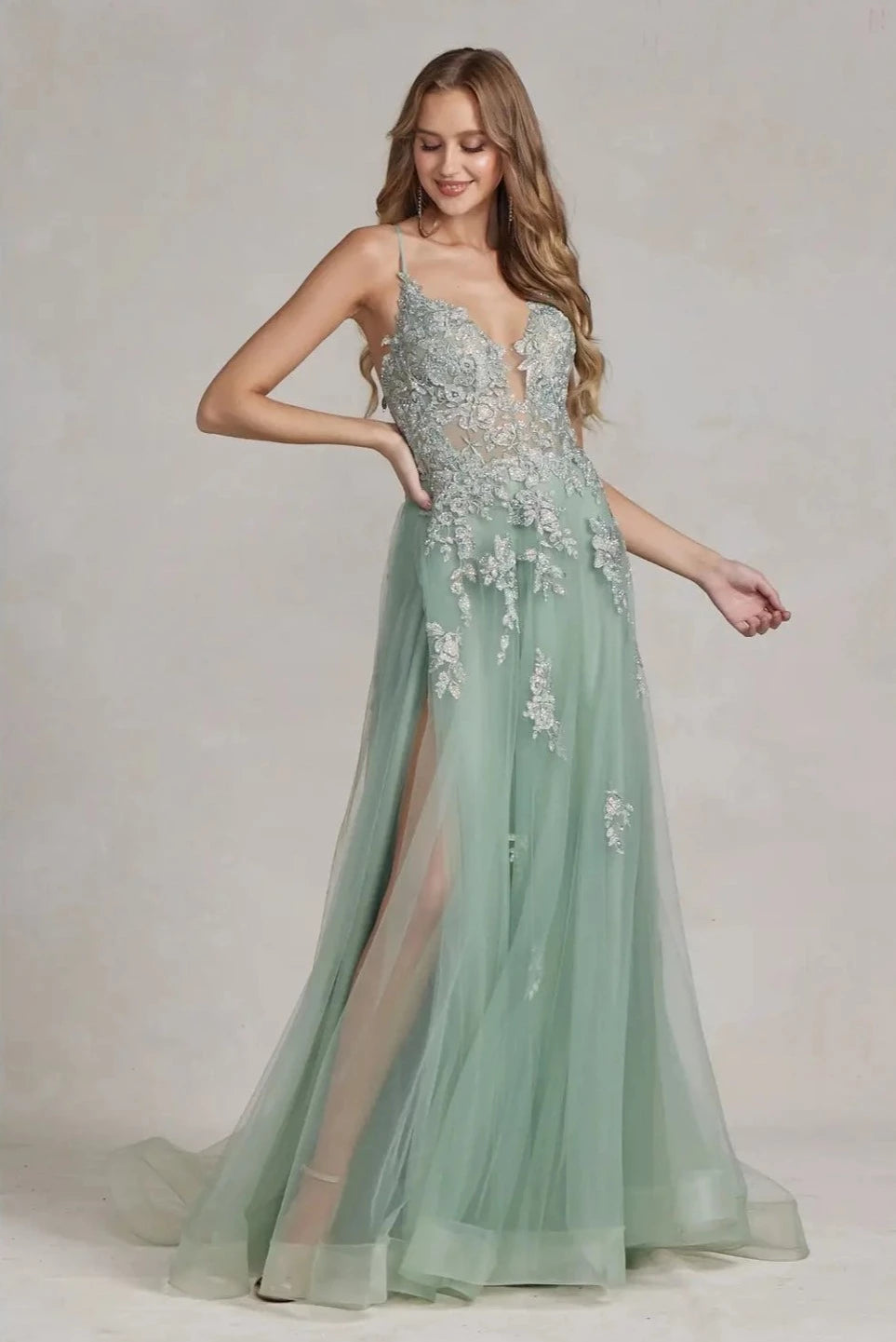 Embroidered Plunging V-Neck Prom Gown-Clothing - Women-Nox Anabel-00-Urbanheer