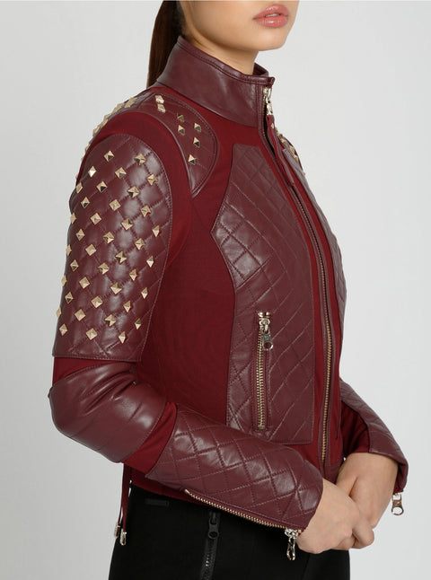 Pyramid Stud Mesh Genuine Leather Moto Jacket - Oxblood Red