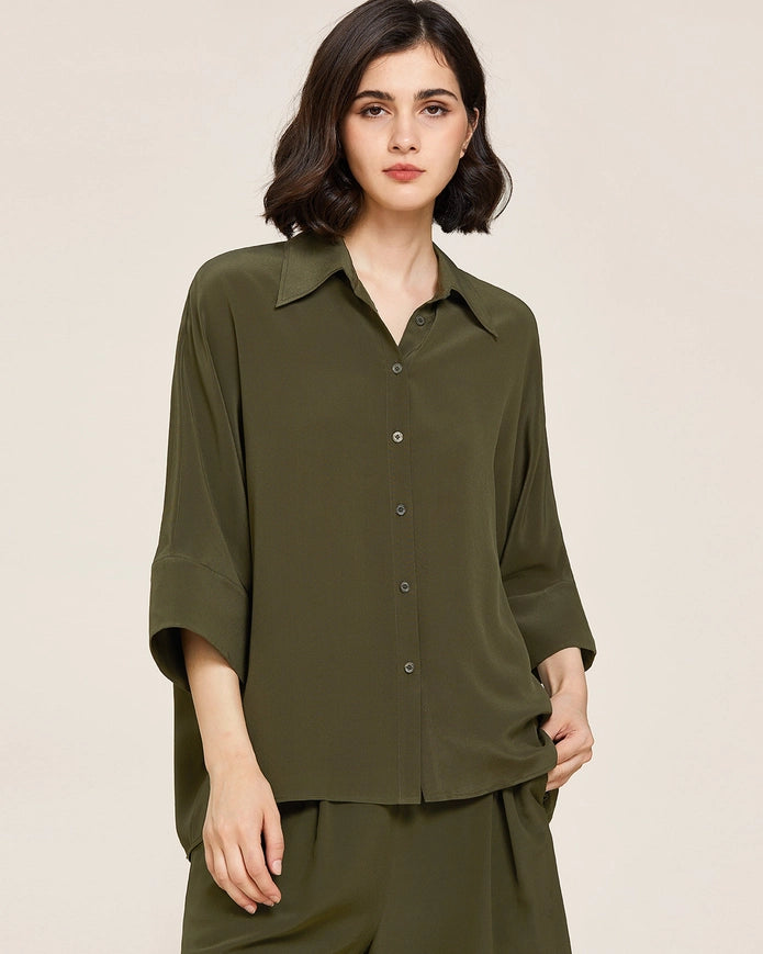 Weekend Oversize Silk Blouse Olive Green-BLOUSE-MommeSilk-XS-Urbanheer