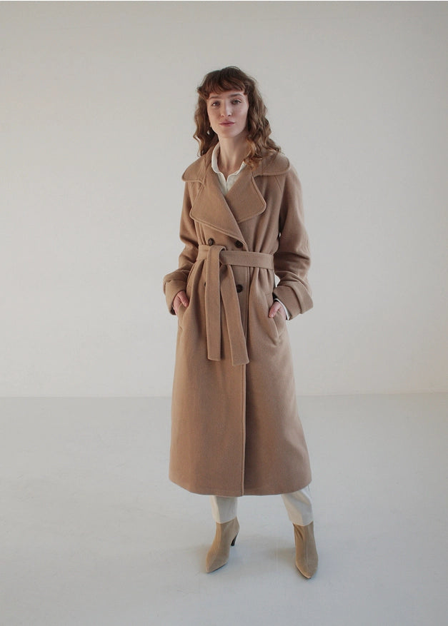 Camel Maxi Double-Breasted Italian Wool Coat with Collar