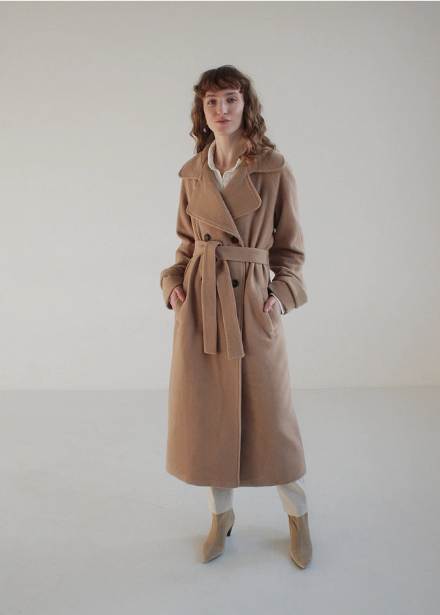 Camel Maxi Double-Breasted Italian Wool Coat With Collar-COAT-Nich Linen-XS-S-Urbanheer