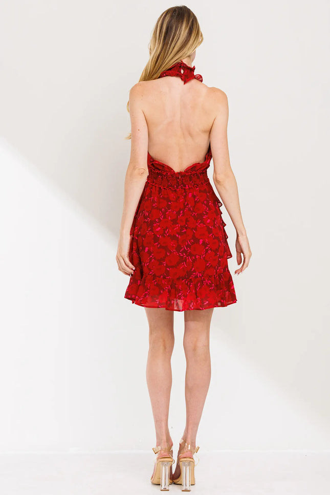 Ruffle Detail Backless Mini Dress - Wine-Clothing - Women-Neon Blush-Urbanheer