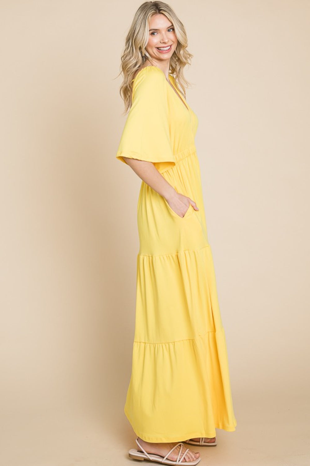 Culture Code Backless Plunge Half Sleeve Tiered Dress-Street 360-LEMONADE-S-Urbanheer