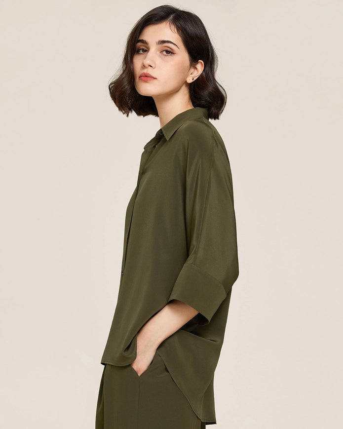 Weekend Oversize Silk Blouse Olive Green-BLOUSE-MommeSilk-XS-Urbanheer