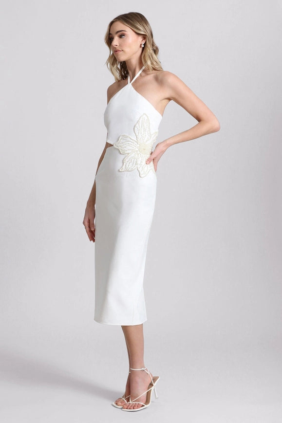 Flower Embellished Cut-Out Halter Dress White/White Flower-Dress-Avec Les Filles-4-Urbanheer