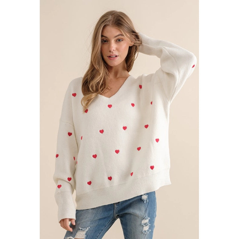 Plus Size Heart Pattern Boxy Knit Pullover Sweater White-SWEATER-Pink Irene Wholesale-1X/2X-Urbanheer