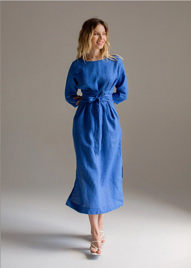Wrap Linen Dress, Belted Blue Dress For Women Maxi