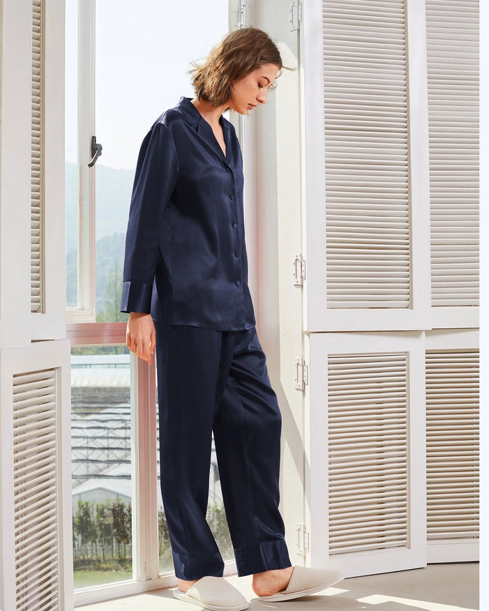 His & Hers Classic Silk Pajamas Navy Blue-Pajamas-MommeSilk-XS-Men's-Urbanheer