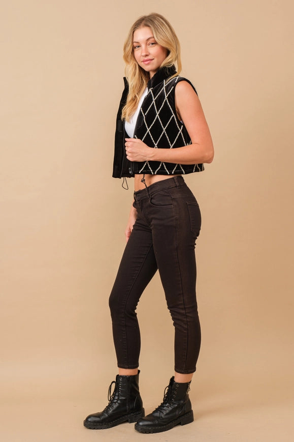 Velvet Quilted Rhinestone Embellished Crop Vest Black-Vest-Blue B-S-Urbanheer