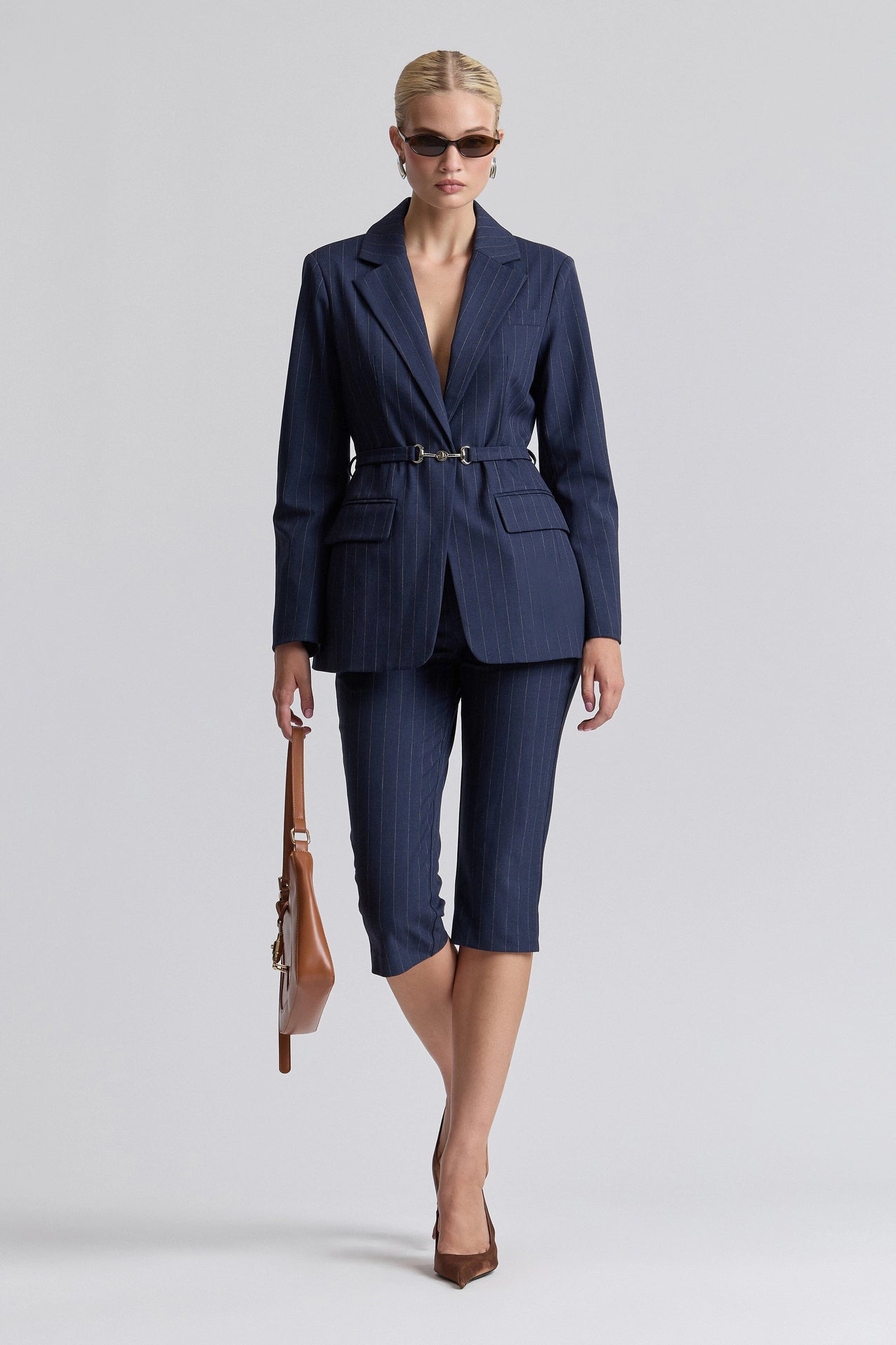 Pinstripe Belted Blazer