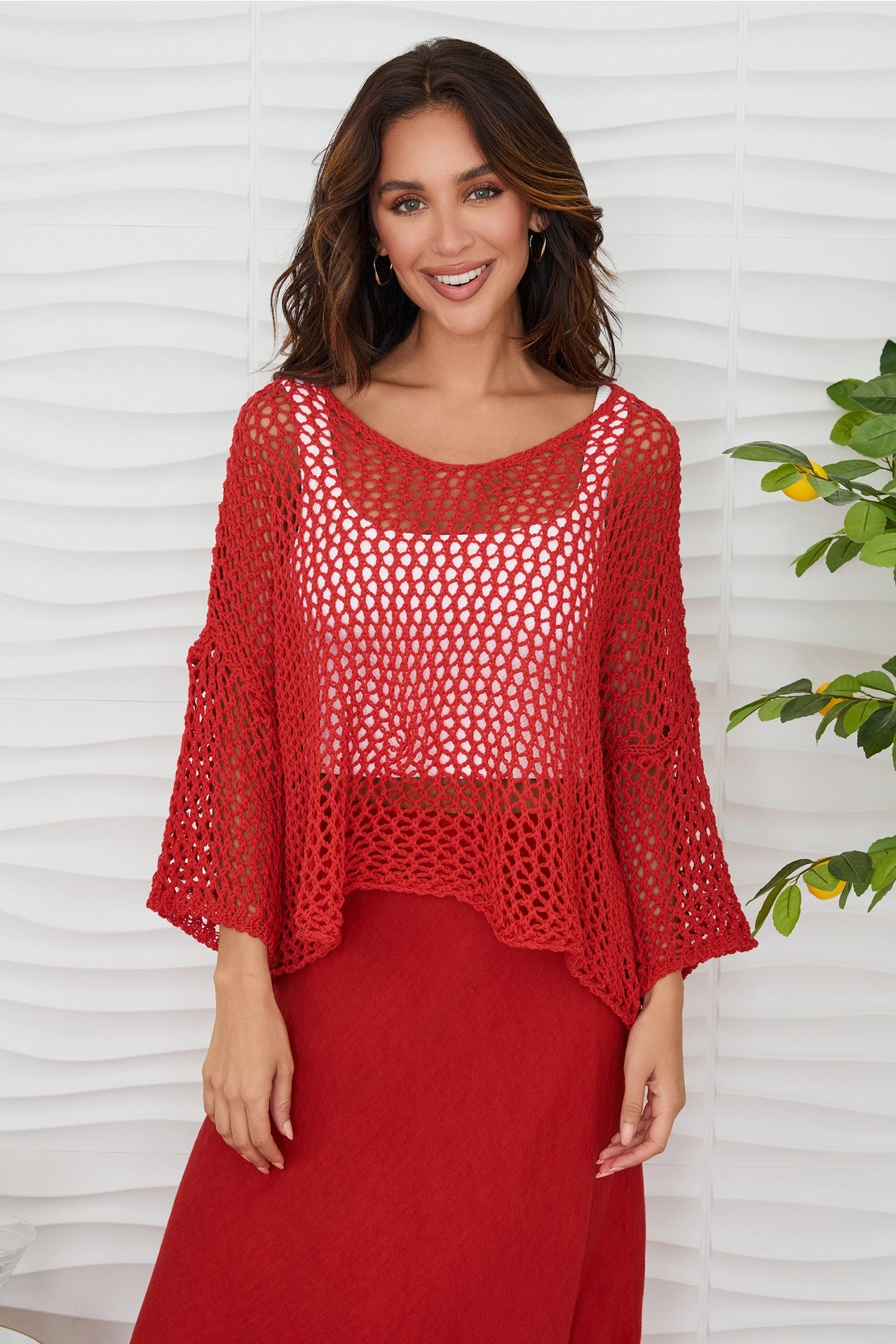 Drop Shoulder Crochet V-Neck Tunic - Red Flame
