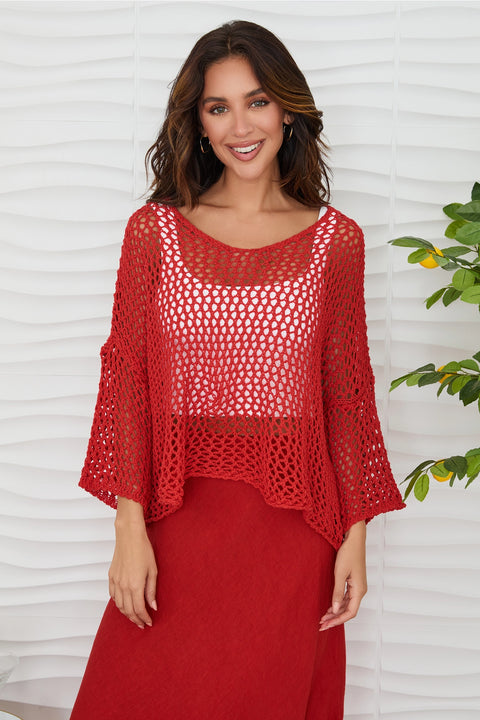 Drop Shoulder Crochet V-Neck Tunic - Red Flame