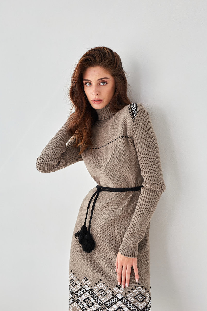 Knitted Warm Dress Ivanka Cappuccino-Clothing - Women-Handmade Originals Ukraine-OS-Urbanheer