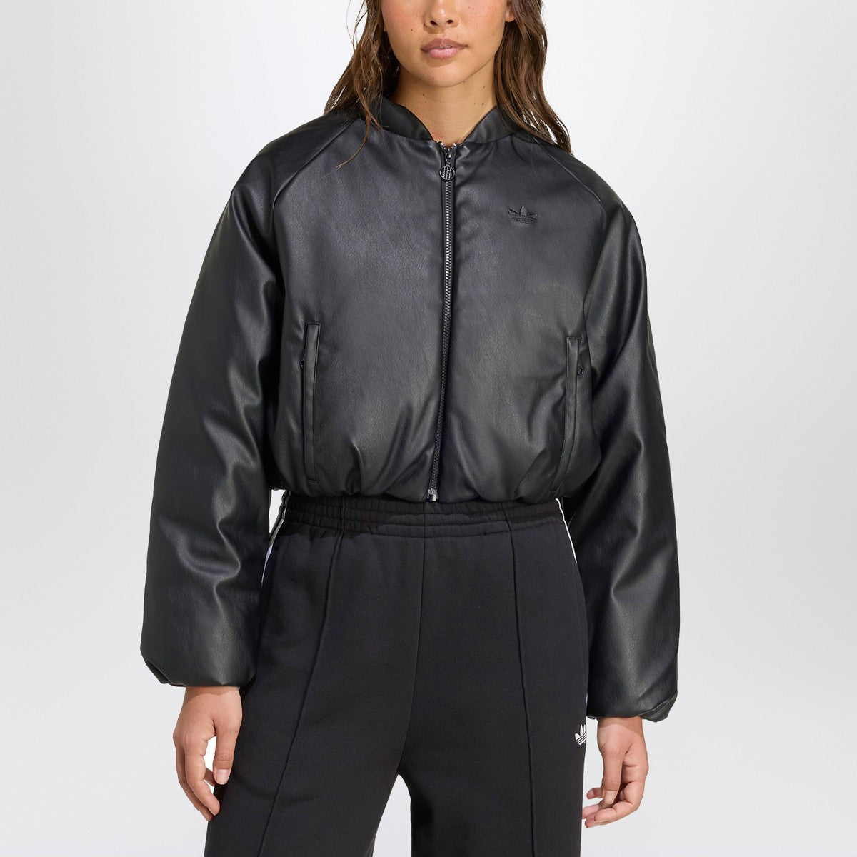adidas Originals Black faux leather zip-up bomber jacket