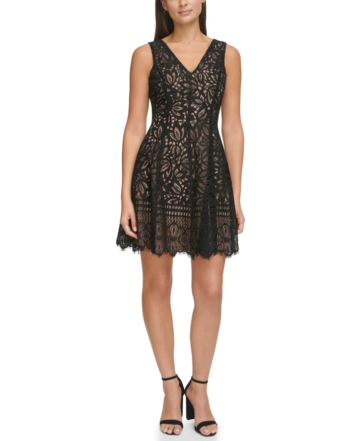 Corded Lace Fit/Flare-Dress-Kensie Dresses-2-BLACK/NUDE-Urbanheer