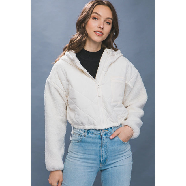 Diagonal Quilt Cropped Sherpa Arm Zip Up Jacket Off White