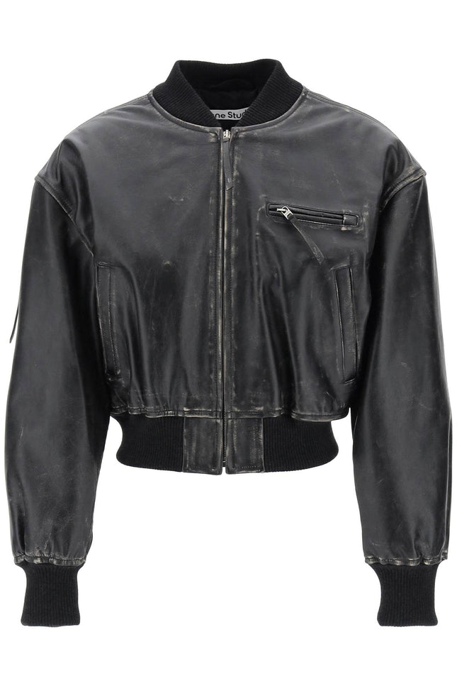 aged leather bomber jacket with distressed treatment