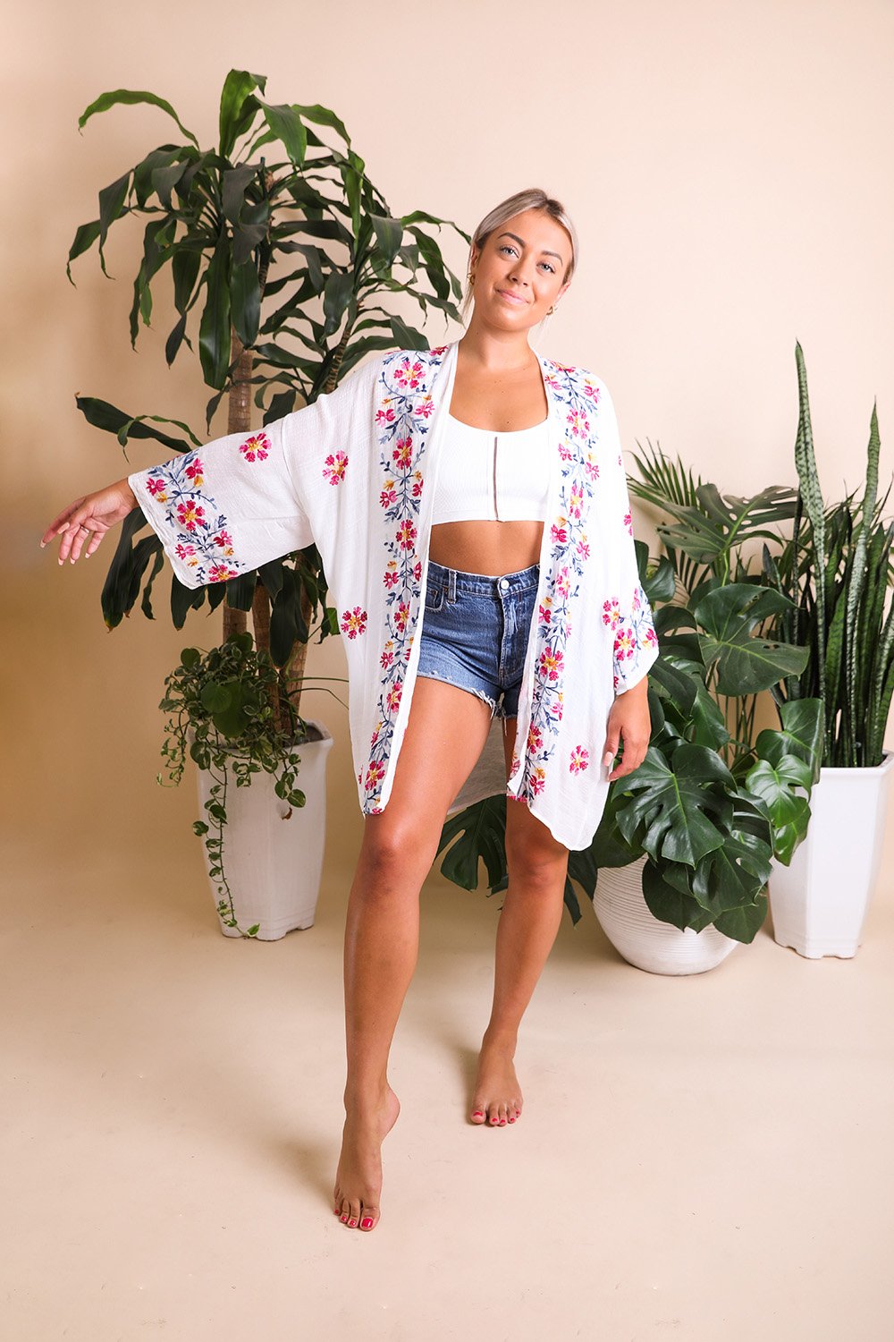 Lightweight Anemone Embroidered Kimono-Periwinkle Aether-One Size-Navy-Urbanheer