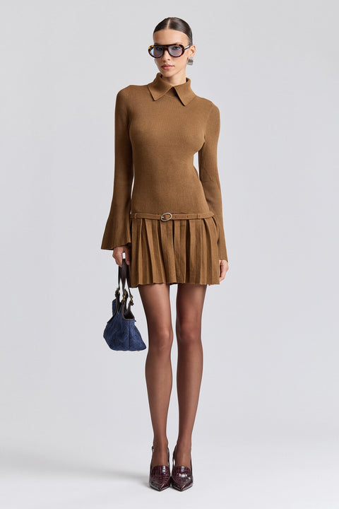 Drop-Waist Pleated Mini Sweater Dress - Russet Brown
