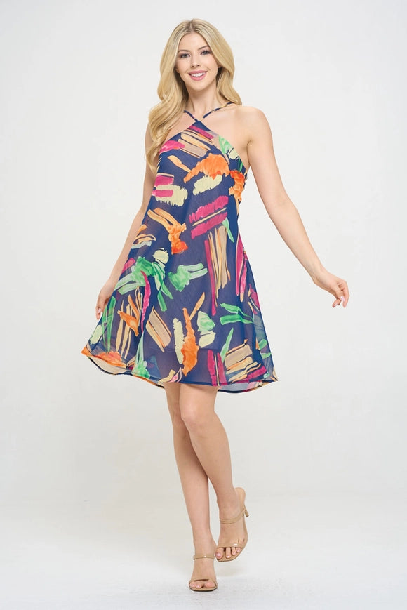 Print Halter Neck Swing Dress Navy-Dress-Renee C.-Navy-S-Urbanheer