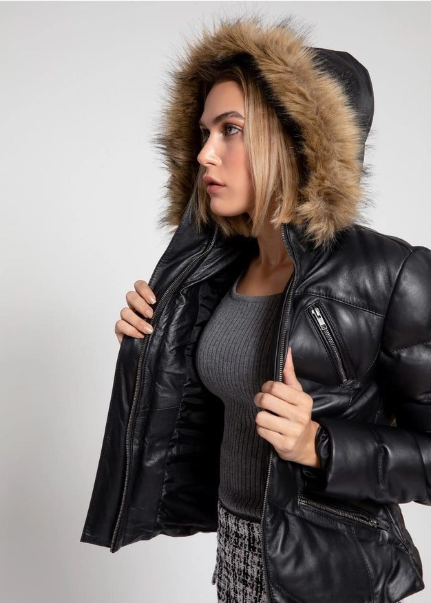 Black Women Joselyn Puffer Winter Down Leather Jacket-Jacket-Fadcloset-Urbanheer