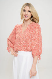 Made in USA Print Top with Self Tie Sleeves-TOP-Renee C.-S-Orange-Urbanheer