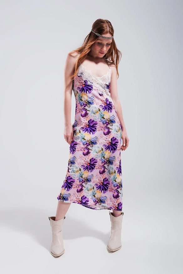 V Back Satin Midi Dress in Purple Clashing Floral Print-Dress-Q2-Urbanheer