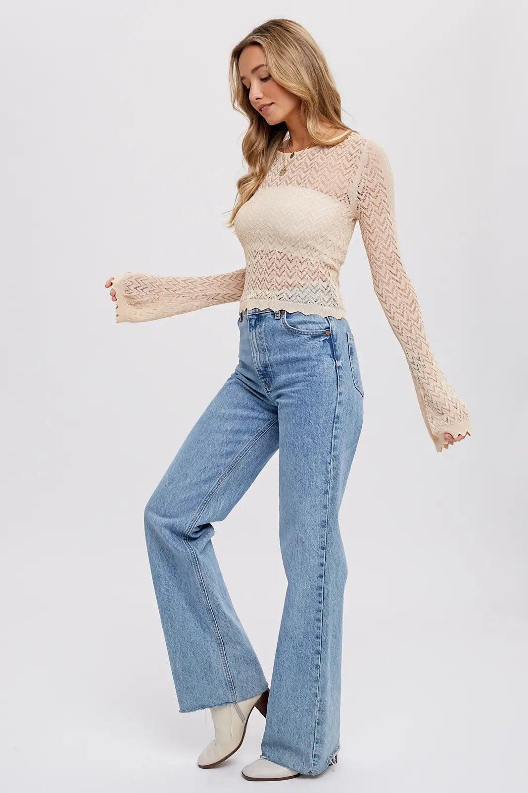 Bell Sleeves Pointelle Pullover-Bluivy-S-Urbanheer