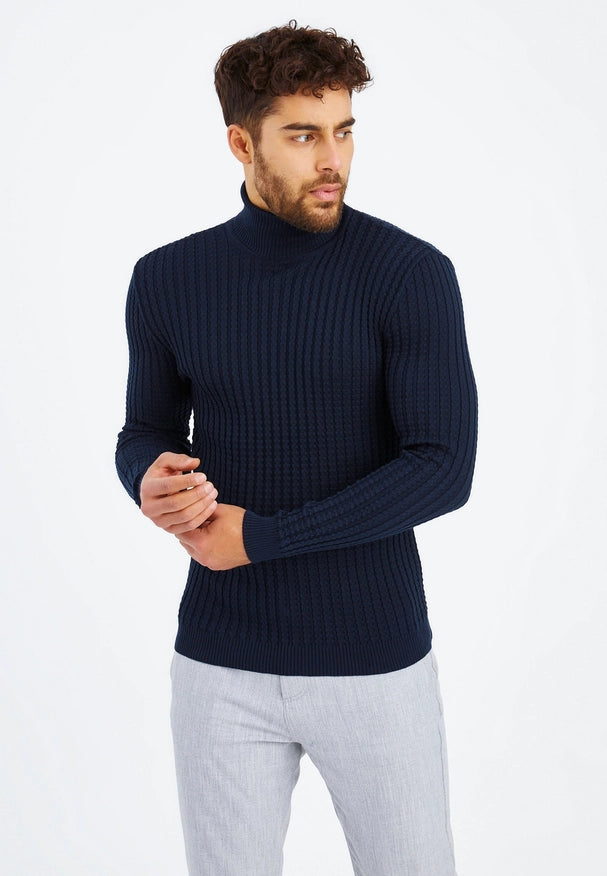 Men'S Knitted Fine Knit Turtleneck Pullover Blue-SWEATER-Leif Nelson GmbH-XXL-Urbanheer