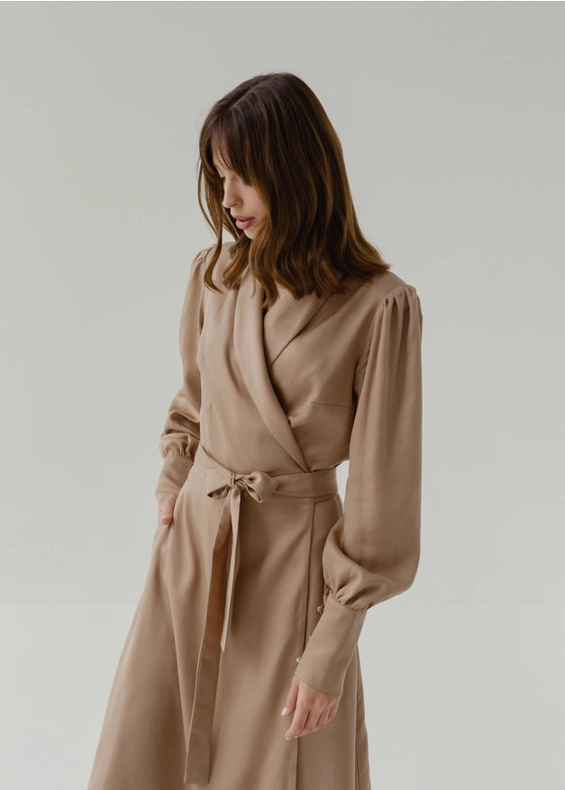 Beige Classic Elegant Evening Wrap Dress Midi-Dress-Nich Linen-XXS-Urbanheer