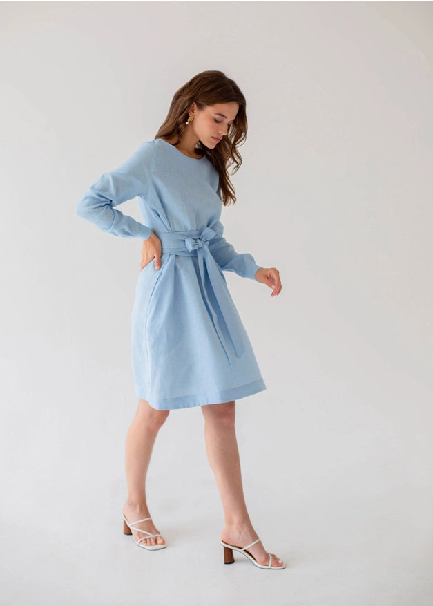 Sky Blue Wrap Tencel Belted Bridesmaid Dress For Women Long-Dress-Nich Linen-XXS-Urbanheer