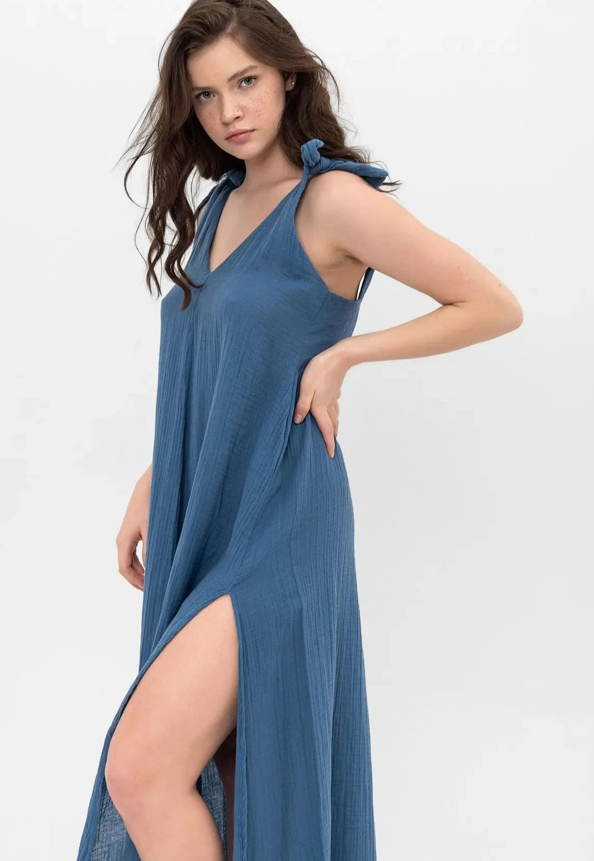 Cotton V Neck Long Dress 3511-Clothing - Women-Blanca-S-White-Urbanheer