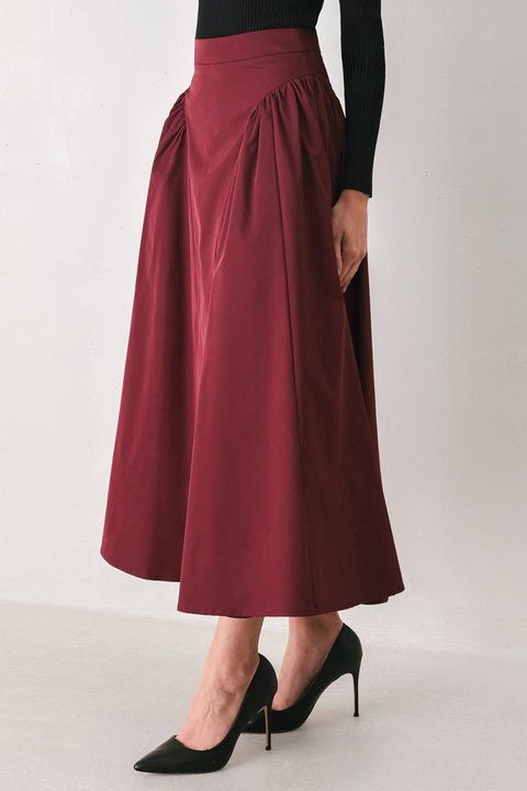 A Solid Woven Midi Skirt - Burgundy