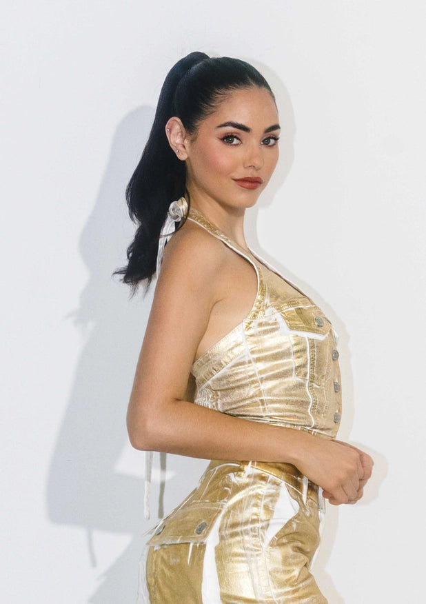 Gold Foil Halter Top-TOP-Vibrant M.i.U-S-Urbanheer