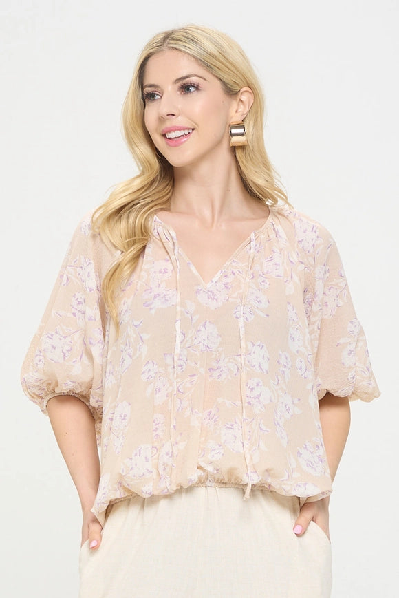 Floral Print V Neck 3/4 Sleeve-TOP-Renee C.-S-Pink-Urbanheer